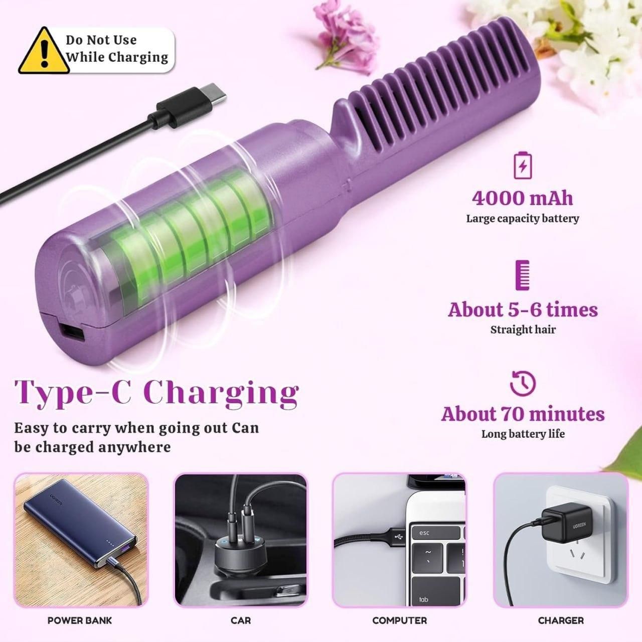 Portable Cordless Mini Hair Straightener – Rechargeable & Adjustable Hot Comb